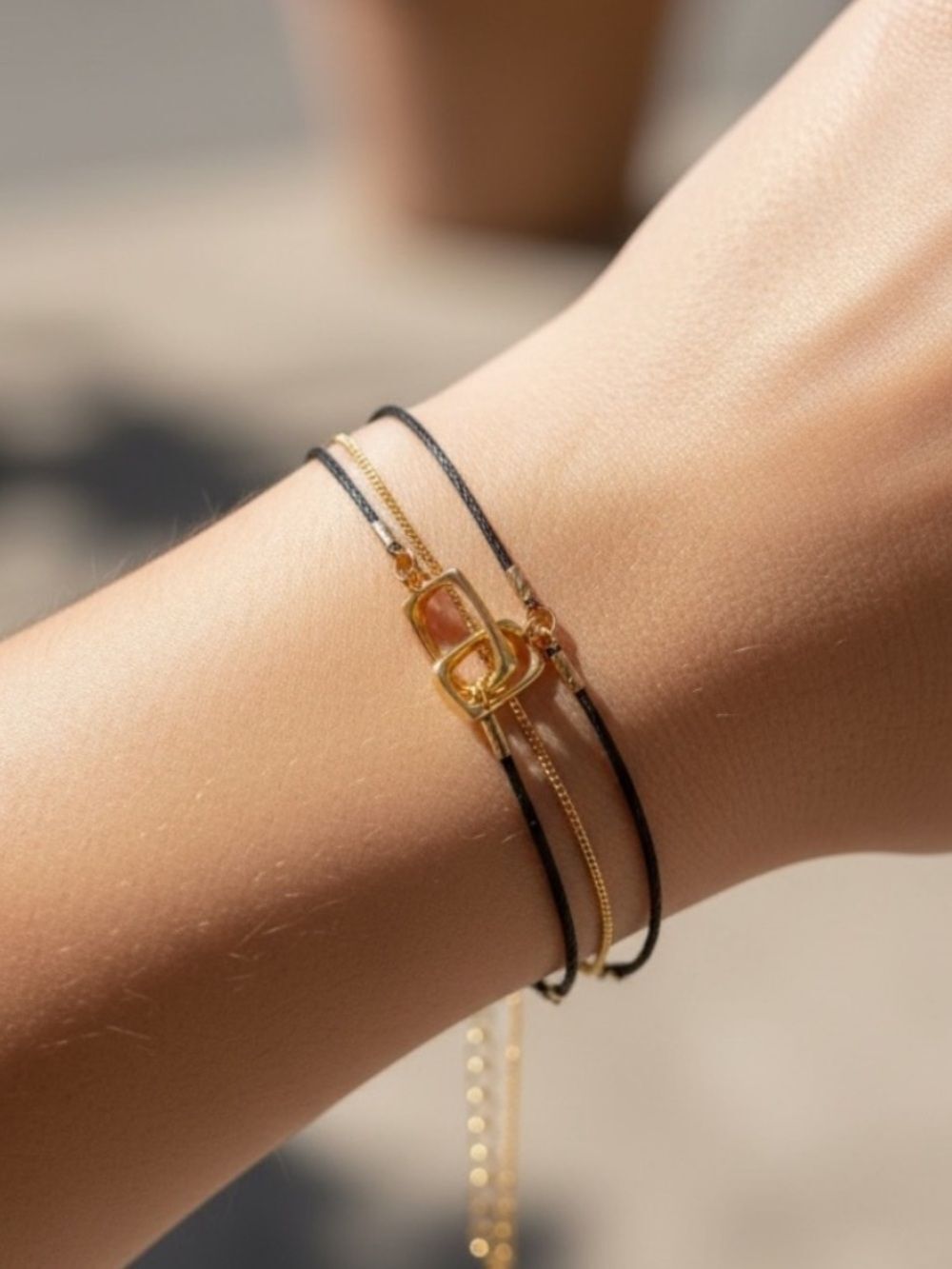 Gold Link Multi-Strand Black Cord Bracelet